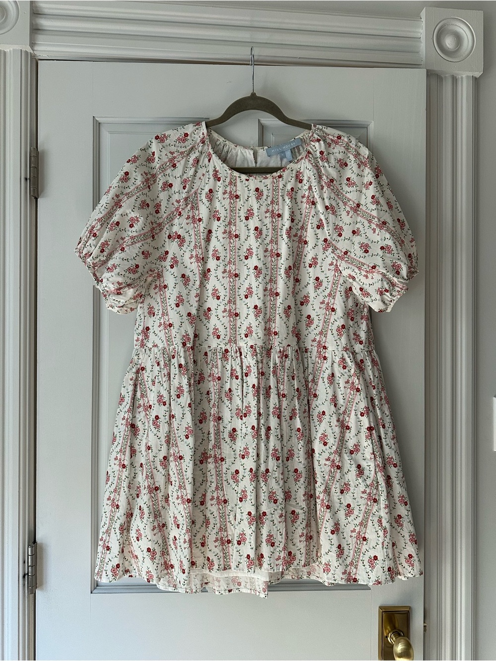 Hill House Women’s Floral Puff-Sleeve Dress in Cream and Red